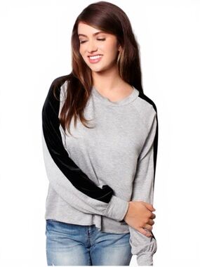 MOA MOA Pullover Top in Soft Light Grey with Contrasting Black Sleeve Stripes
